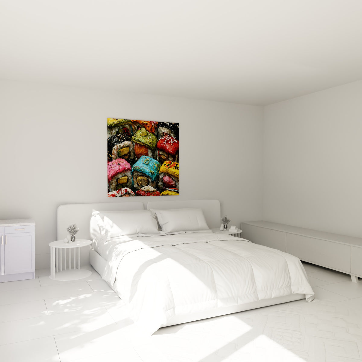 Makis vifs rouge et turquoise accrochés au-dessus d'un lit dans une chambre claire
