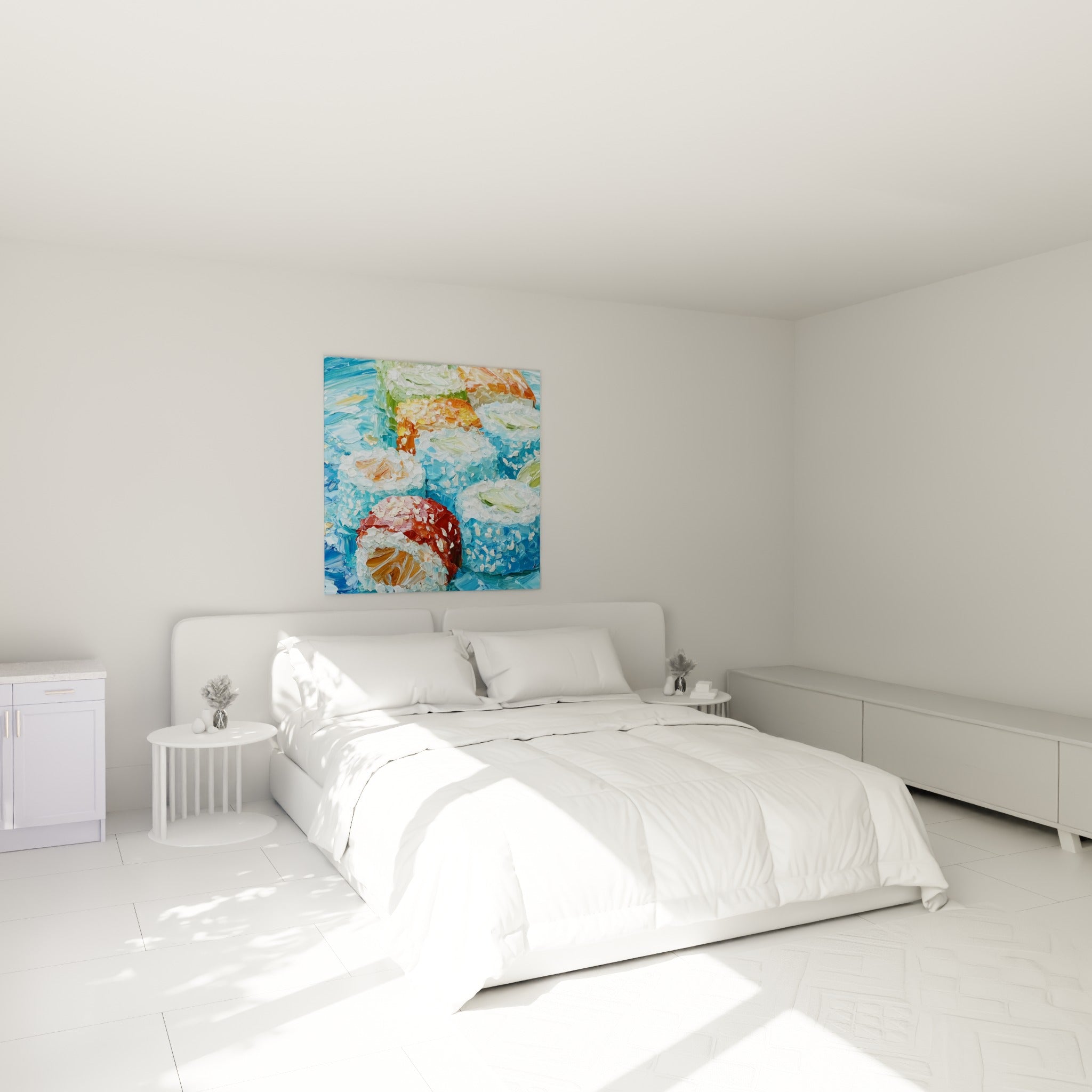 Composition de sushis bleu turquoise et rouge terracotta accrochée au-dessus d'un lit dans une chambre claire