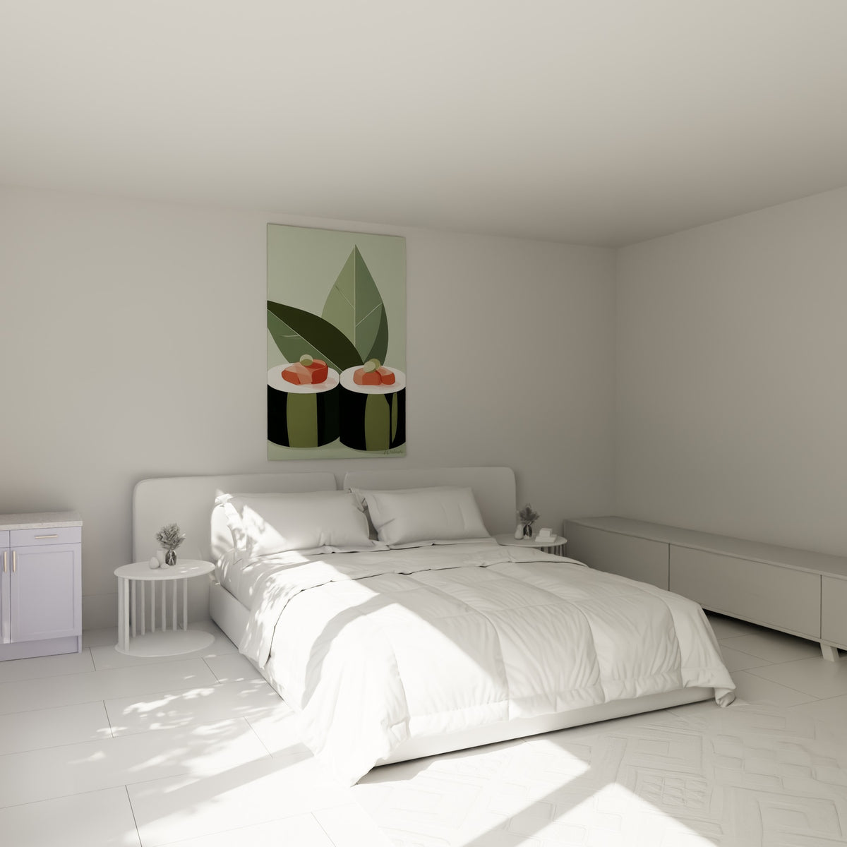 Nigiris corail et vert olive peints avec finesse, au-dessus d'un lit dans une chambre claire