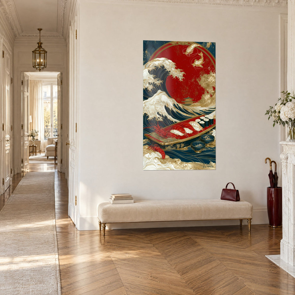 Quadro stampa giapponese, creste bianche e blu navy sotto un disco scarlatto, barca di nigiri venata d'oro, vista di tre quarti, corridoio haussmanniano