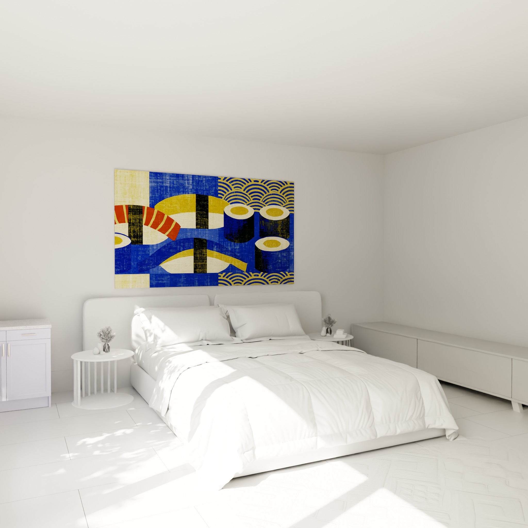 Nigiris et makis bleu marine et ocre stylisés au-dessus d'un lit dans une chambre claire