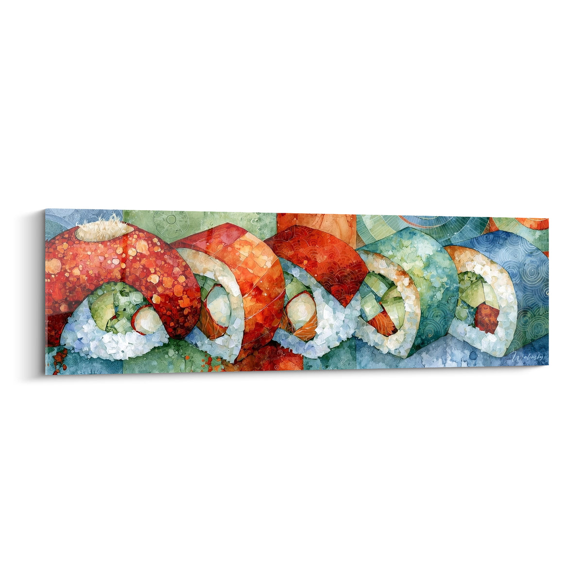 Makis rouges, verts et bleus alignés en tableau sushi façon aquarelle géométrique japonaise