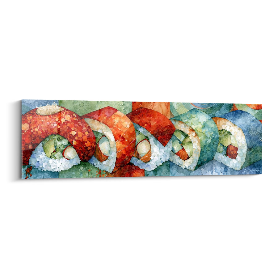 Tableau Rouleaux de sushi rouge et bleu en rangée - Motifs à spirales - Edition Sushi