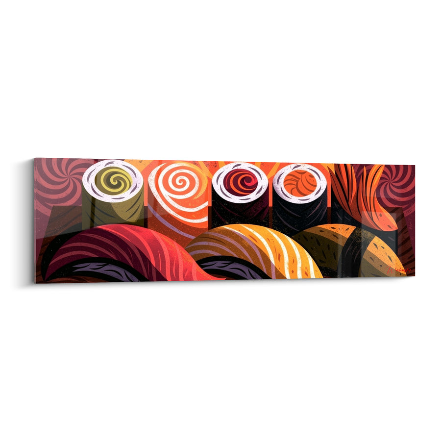 Tableau Sushi roll bordeaux et orange en spirales - Rangée de rouleaux stylisés - Edition Sushi