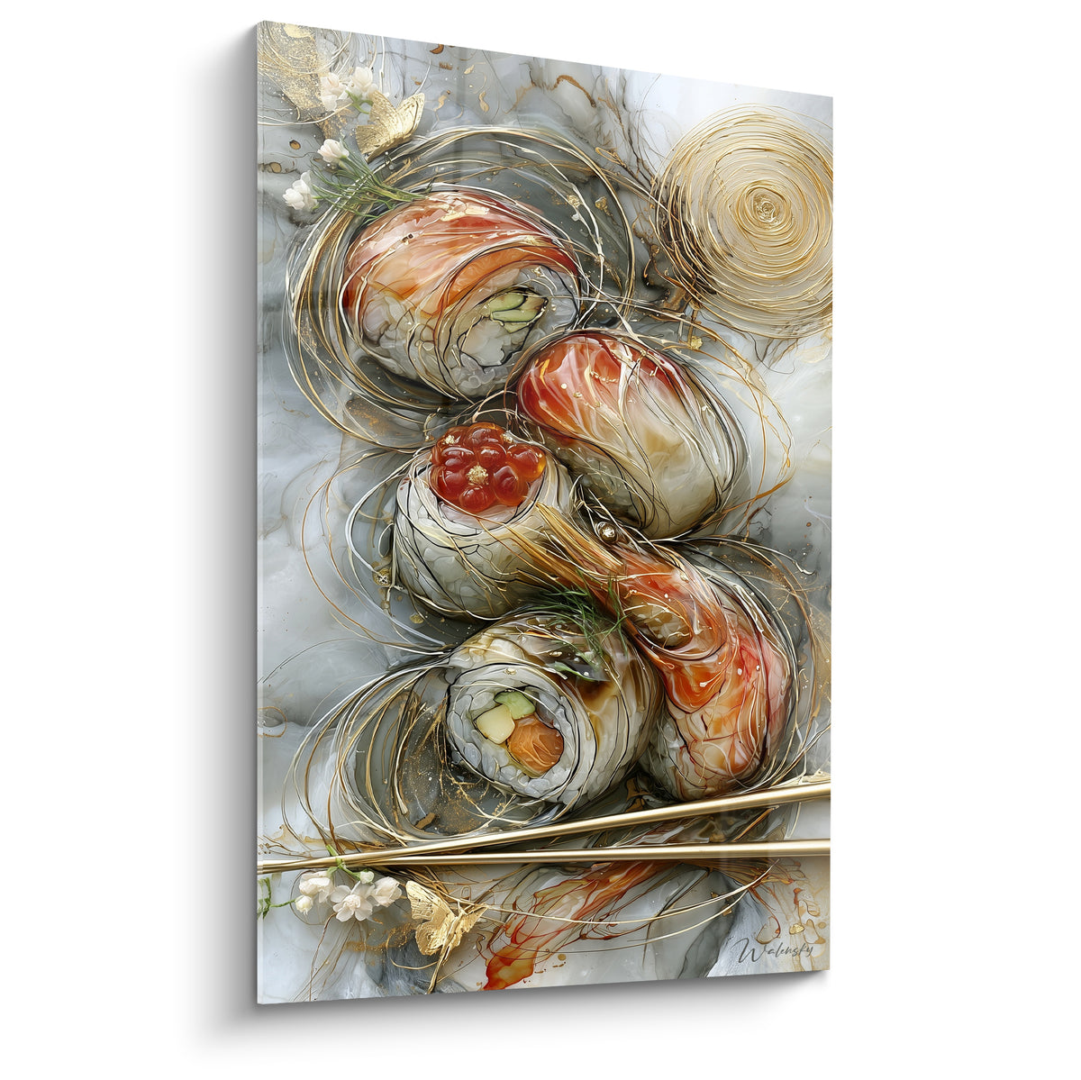 Makis roulés aux teintes corail et grises, entourés de filaments dorés sur fond marbré artistique