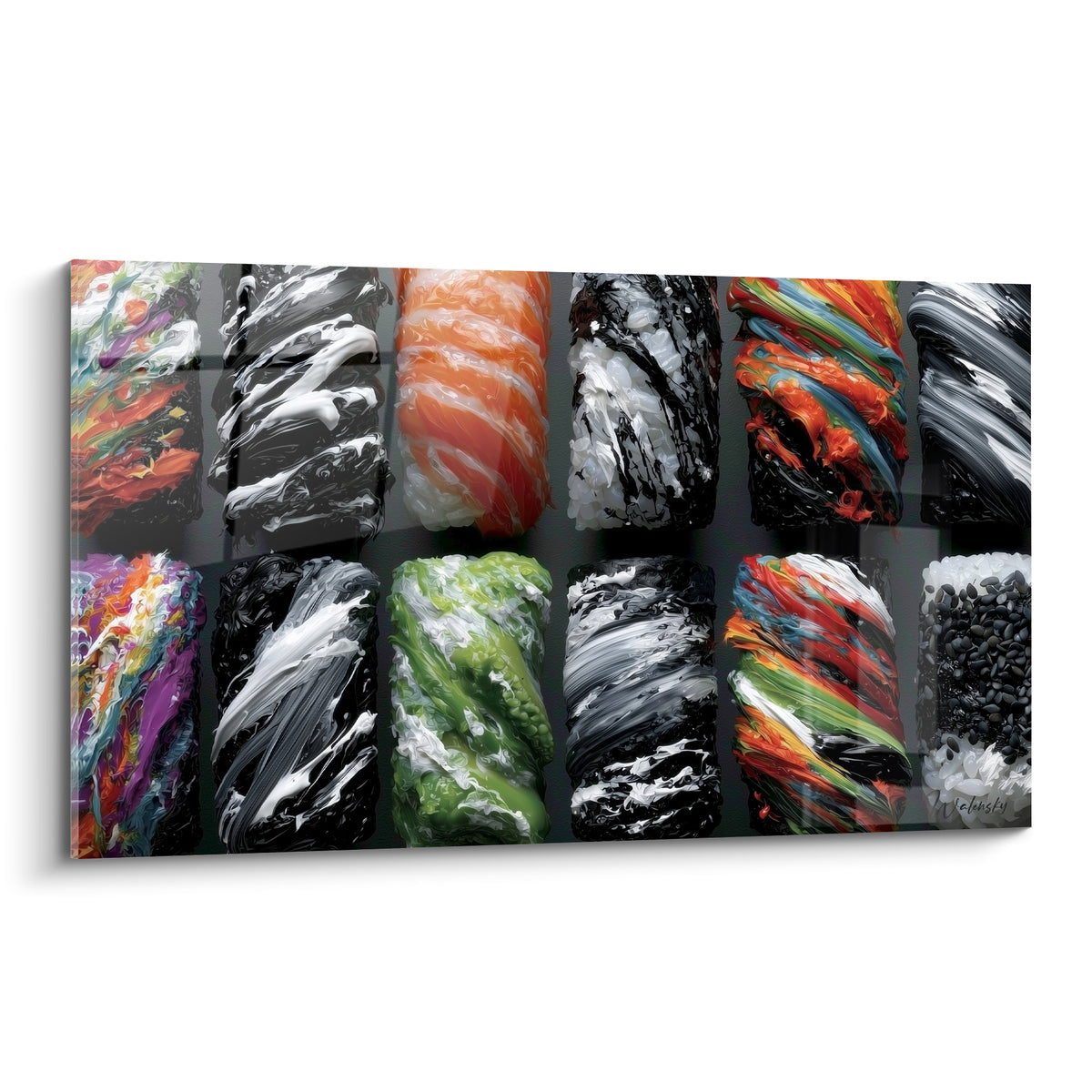 Sushis en mosaïque noire, orangée et verte, texture épaisse façon empâtement gourmand