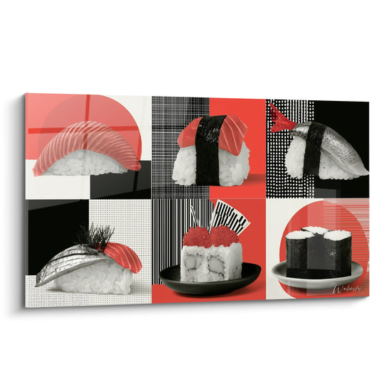 Nigiris rouges et noirs disposés en mosaïque graphique aux motifs pointillés et rayés contrastés
