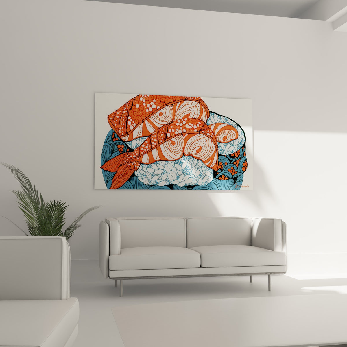 Poisson orangé et riz bleuté finement dessinés, présentés au-dessus d'un canapé dans un salon lumineux