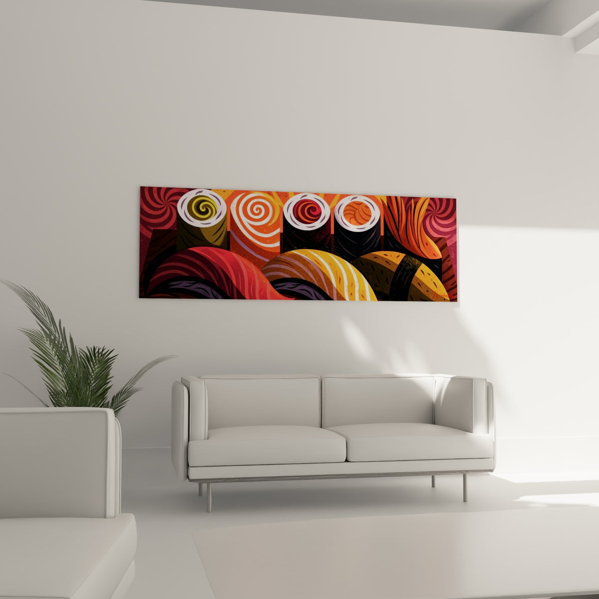 Composition de makis colorés ocre et pourpre au-dessus d'un canapé dans un salon lumineux