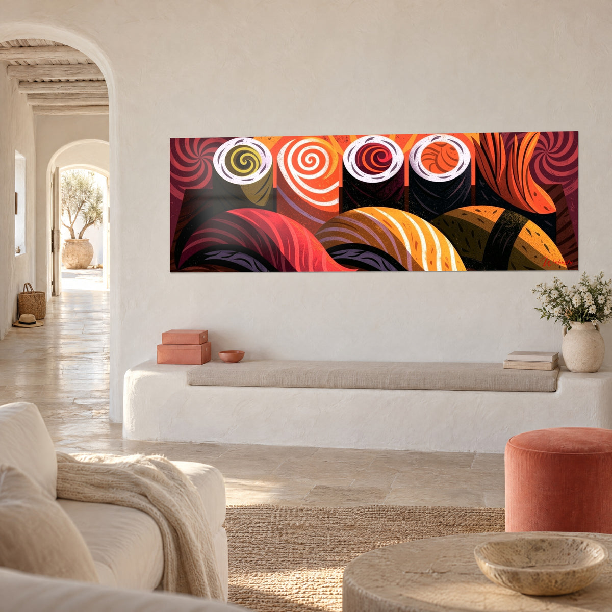 Wall art row of maki rolls with olive and red heart-shaped spirals, orange and white tablecloths, three-quarter view in a Mediterranean home