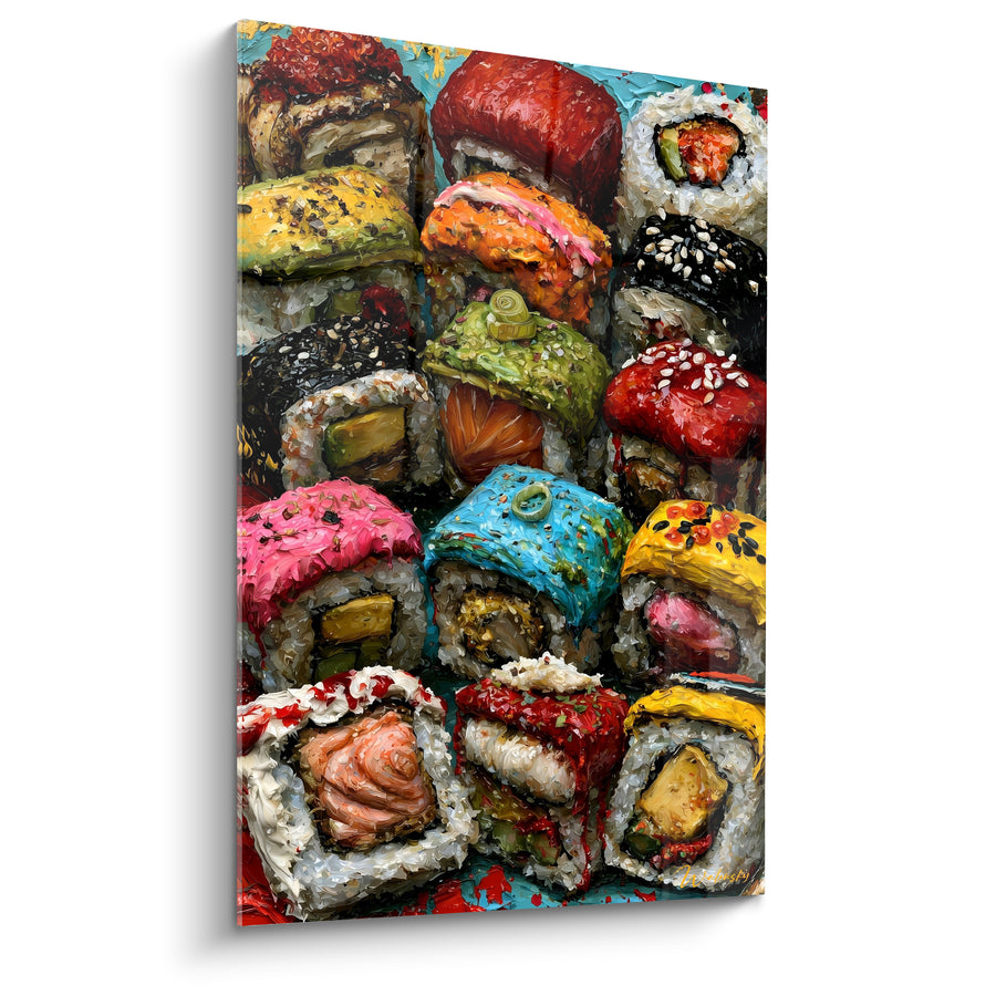 Tableau Sushi rolls empilés multicolores et texturés en rangées - Damier gourmand serré - Edition Sushi