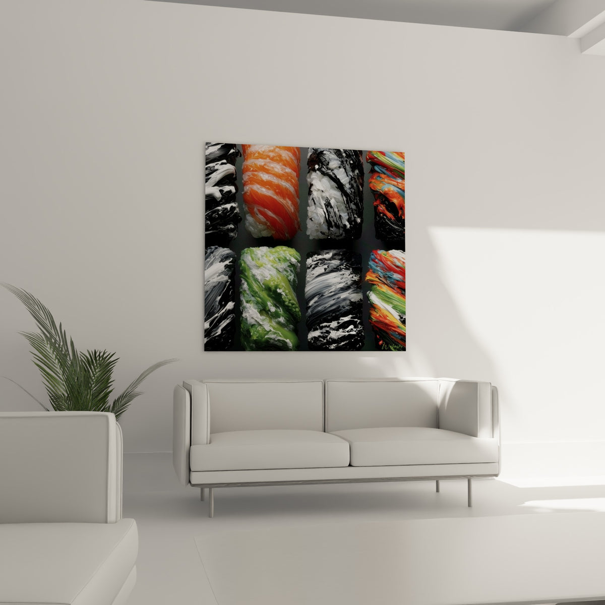 Makis noirs et verts en relief épais placés au-dessus d'un canapé dans un salon lumineux