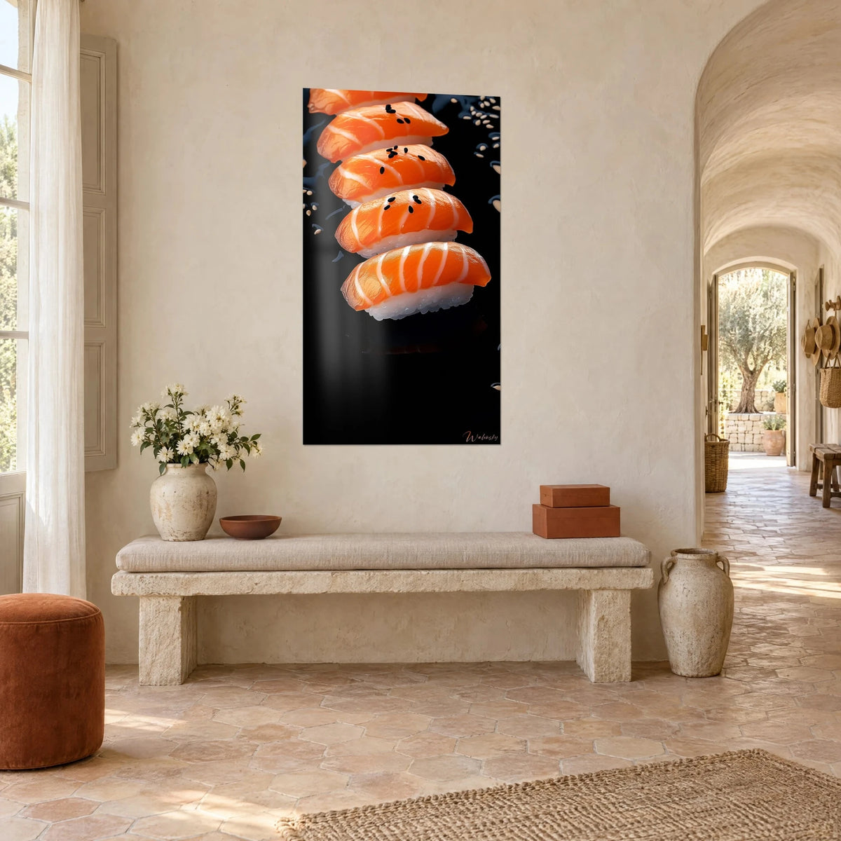 Schilderij van zalmsushi diagonaal op een rij, crèmekleurige strepen op oranje vlees, reflecties op zwart, driekwart zicht in een Provençaalse boerderij