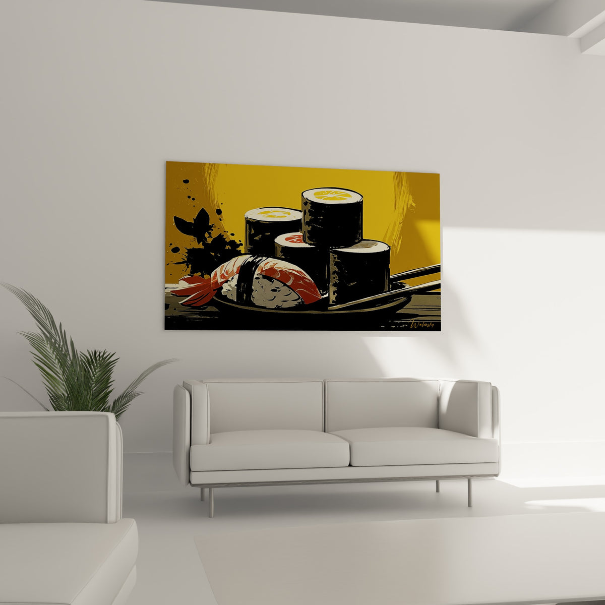 Nigiri crevette rouge orangée et makis noirs, disposés au-dessus d'un canapé dans un salon lumineux