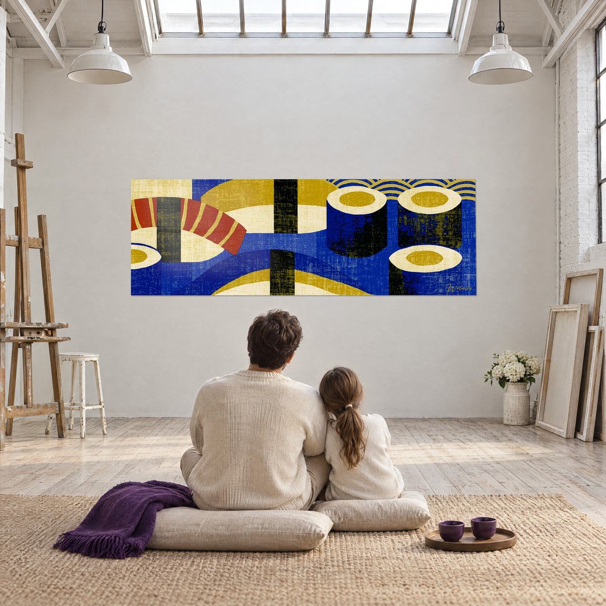Quadro stampa pop di sushi, gambero a righe rosso mattone, riso avorio e nero su blu cobalto, di fronte a una coppia di spalle seduta su cuscini