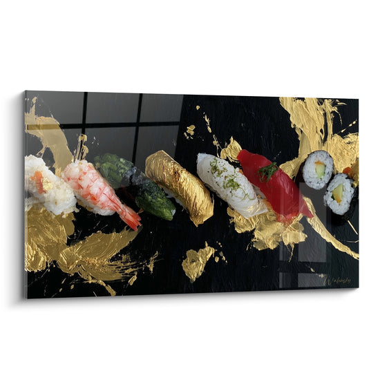 Sushis nigiri et maki alignés sur fond noir rehaussé de touches dorées et rouge vif