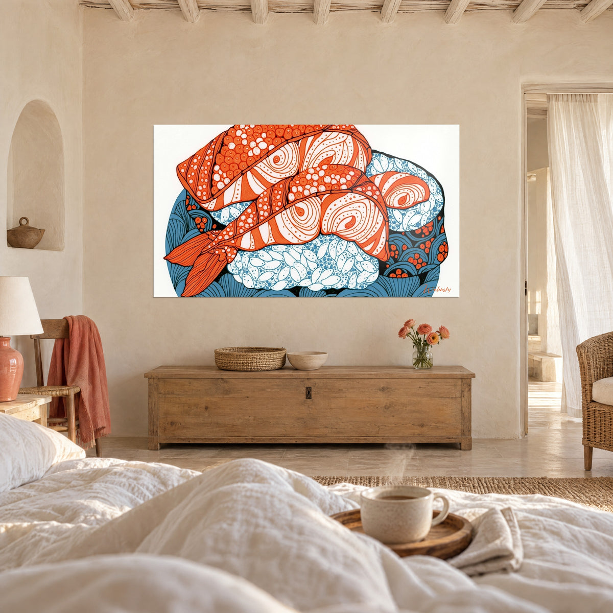 Gemälde wirbelnde rohe Fischscheiben in leuchtendem Orange auf himmelblauem Reis, über einem Bett in einem hellen Schlafzimmer