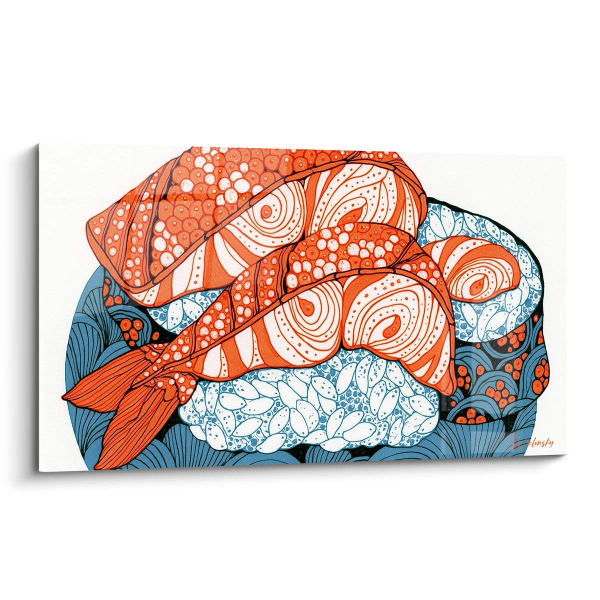 Nigiri japonais aux teintes orange et bleu marine, motifs graphiques minutieux sur fond blanc