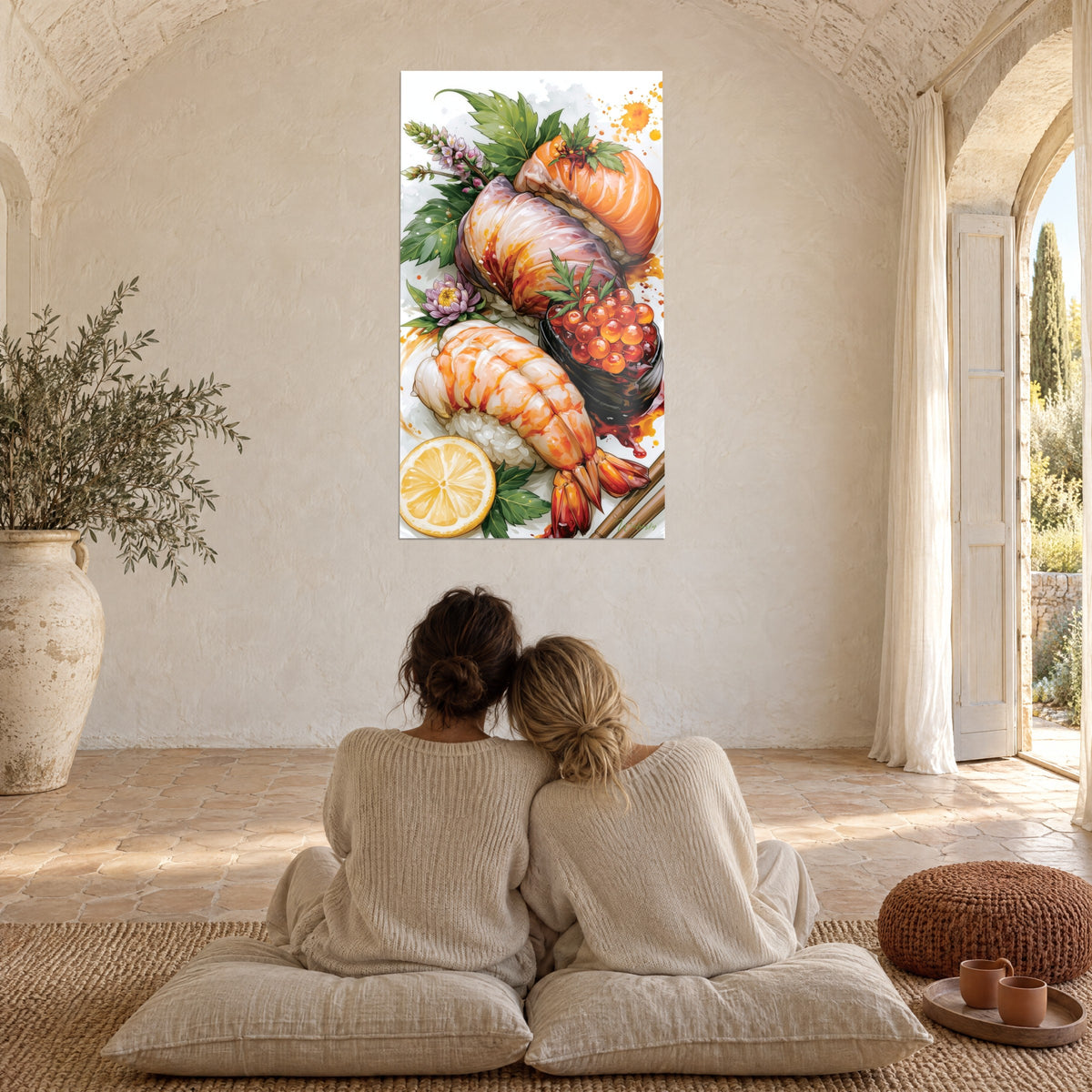Cuadro sushi colorido, gamba nacarada, gunkan de ikura rojo anaranjado, limón amarillo, dos personas de espaldas sentadas en cojines en un mas