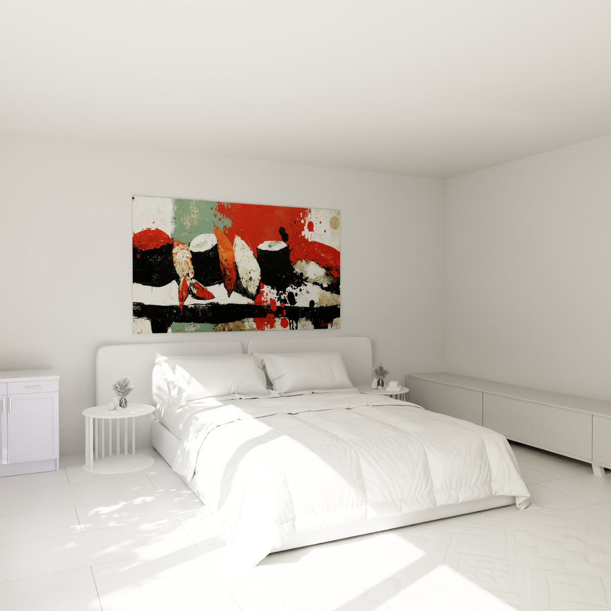 Nigiris orangés et makis noirs éclaboussés de rouge, accrochés au-dessus d'un lit dans une chambre claire