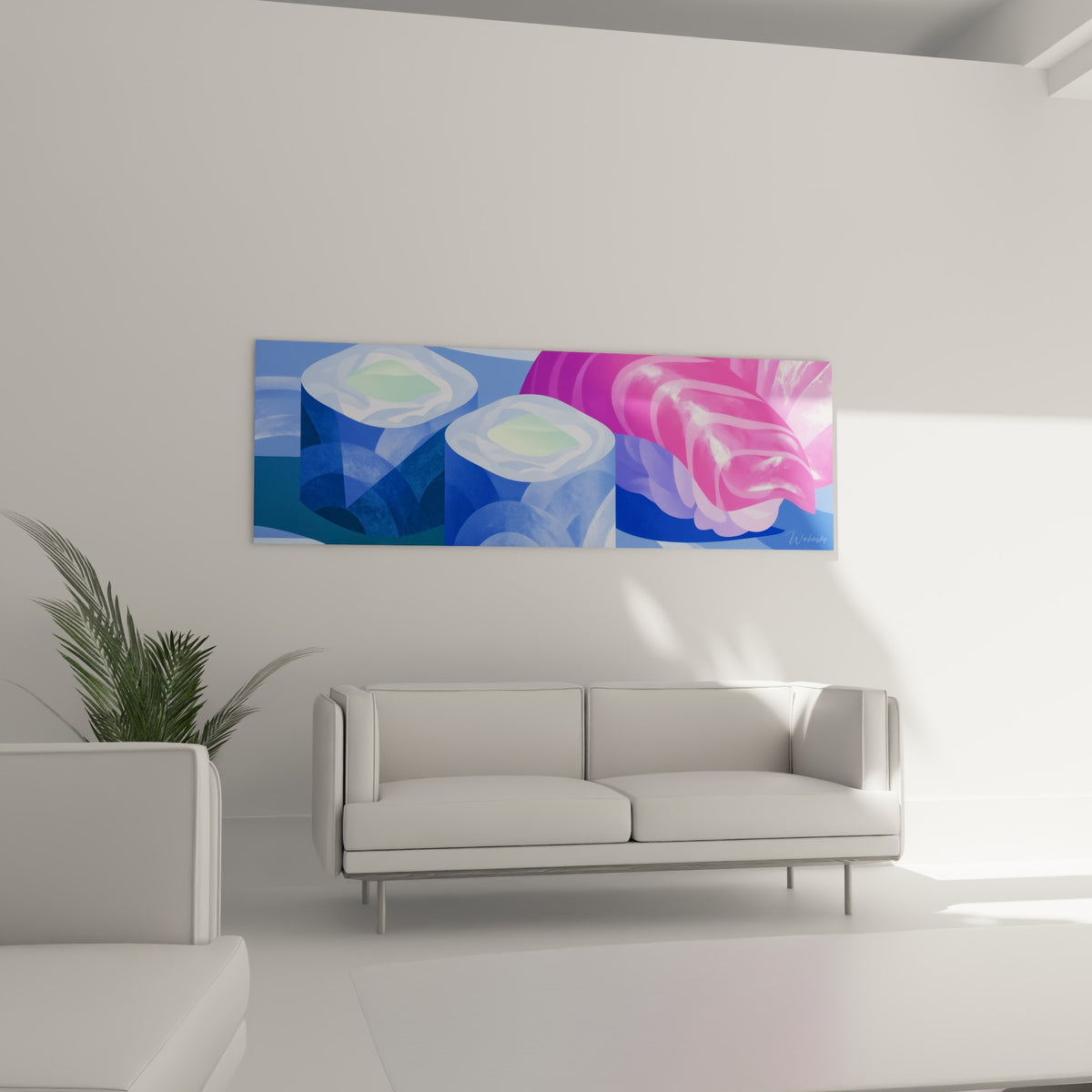 Nigiri rose fuchsia et rouleaux bleu marine en composition vibrante, au-dessus d'un canapé dans un salon lumineux