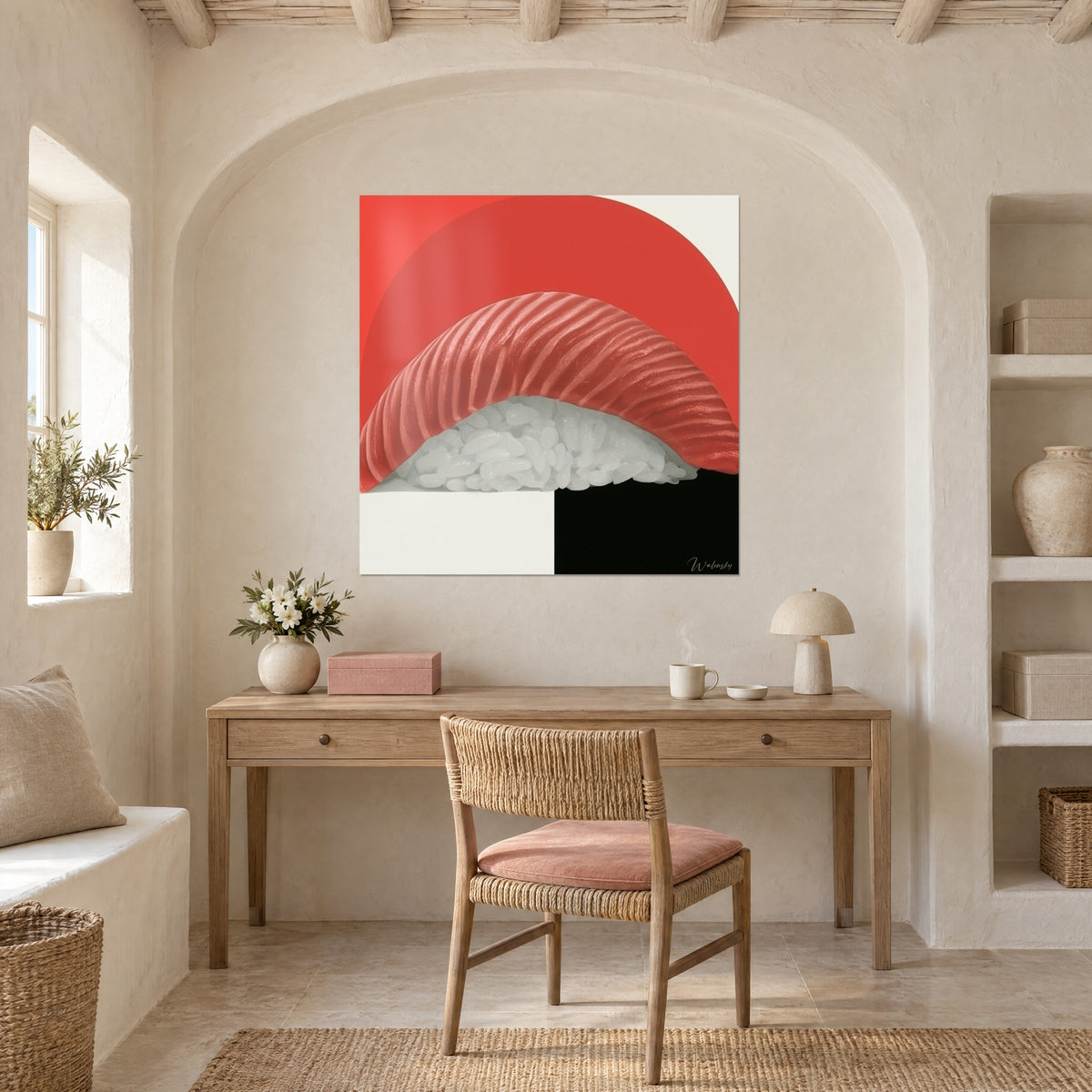 Stylised scarlet sashimi wall art on mother-of-pearl rice, black block and cream corner, hung above a light wood desk