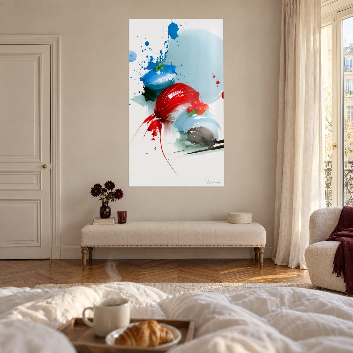 Quadro fetta di pesce scarlatto e riso blu ghiacciaio, gocce rosse, appeso sopra un letto in una camera luminosa