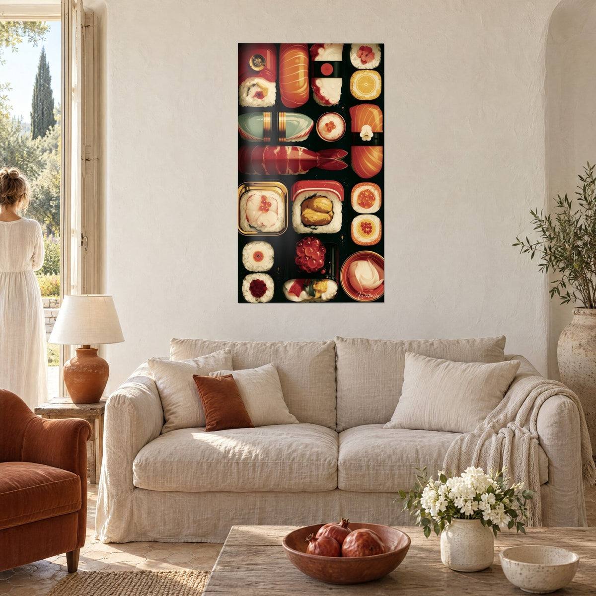 Wall art red carmine and jet black nigiri, fish roe in clusters, above a sofa in a bright living room
