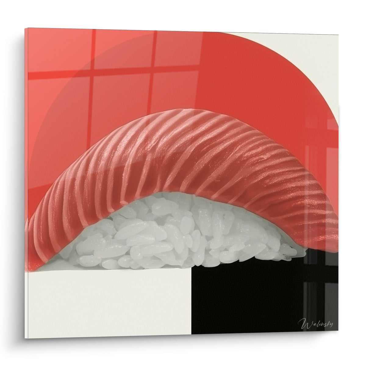 Nigiri saumon rouge corail strié posé sur riz blanc, fond quadrillé rouge et noir graphique