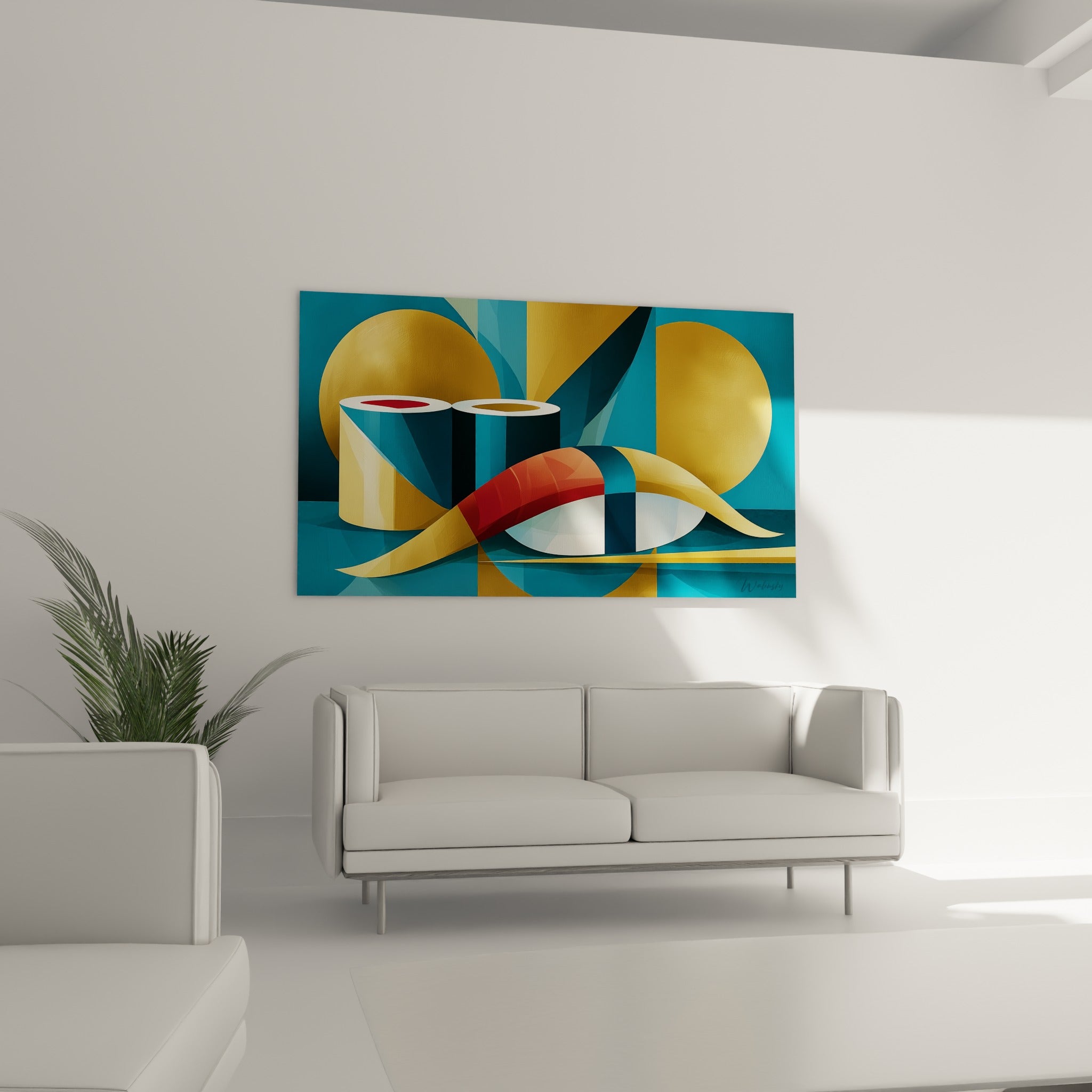 Nigiri rouge orangé et formes géométriques dorées, disposés au-dessus d'un canapé dans un salon lumineux