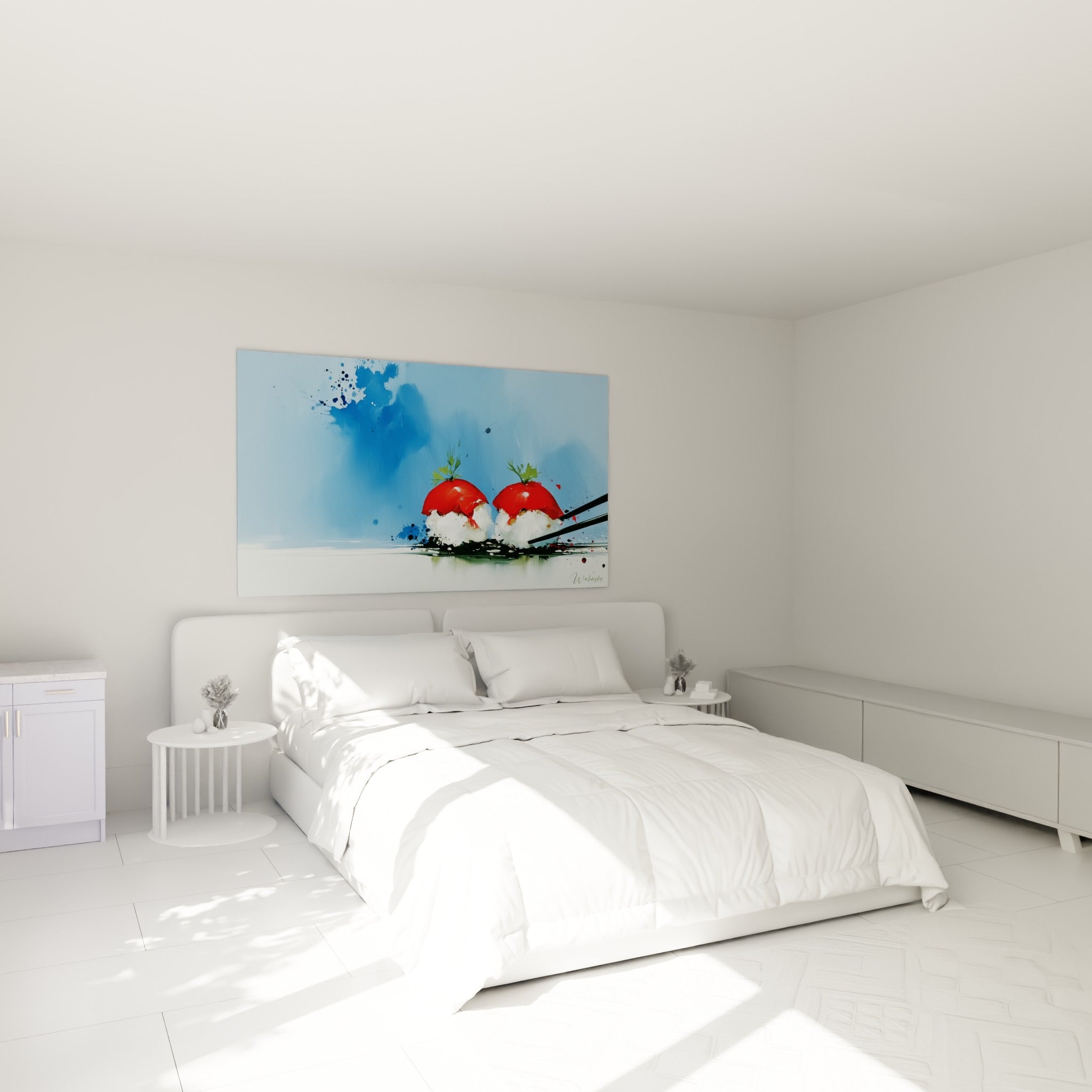Nigiris rouge vif et riz blanc peints au-dessus d'un lit dans une chambre claire