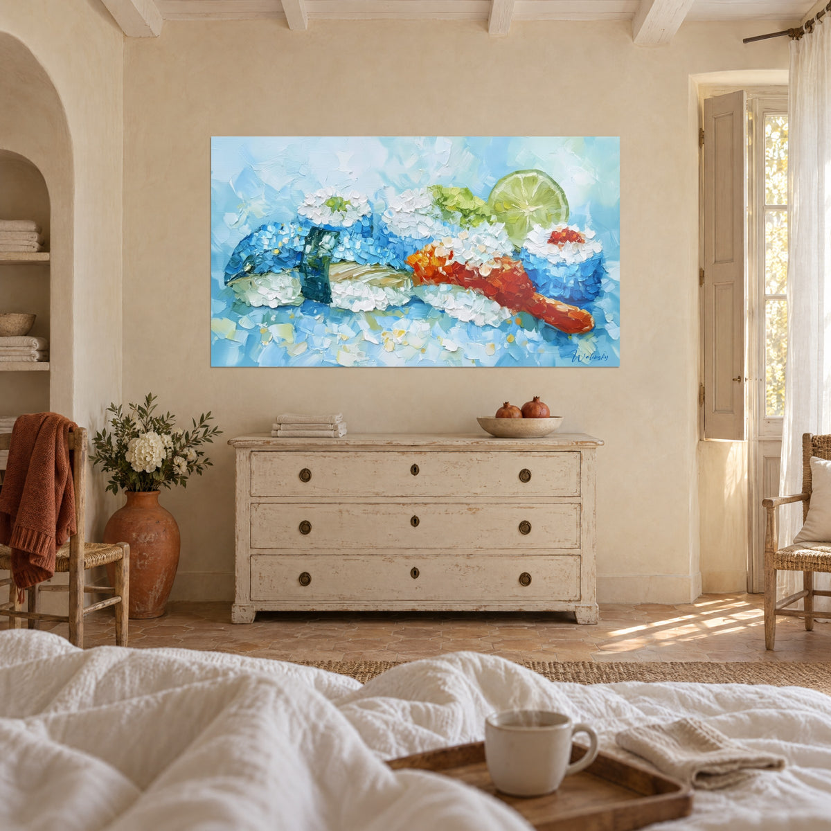 Wall art rice bites with orange salmon, sky blue and white impasto, lime, above a bed in a light bedroom