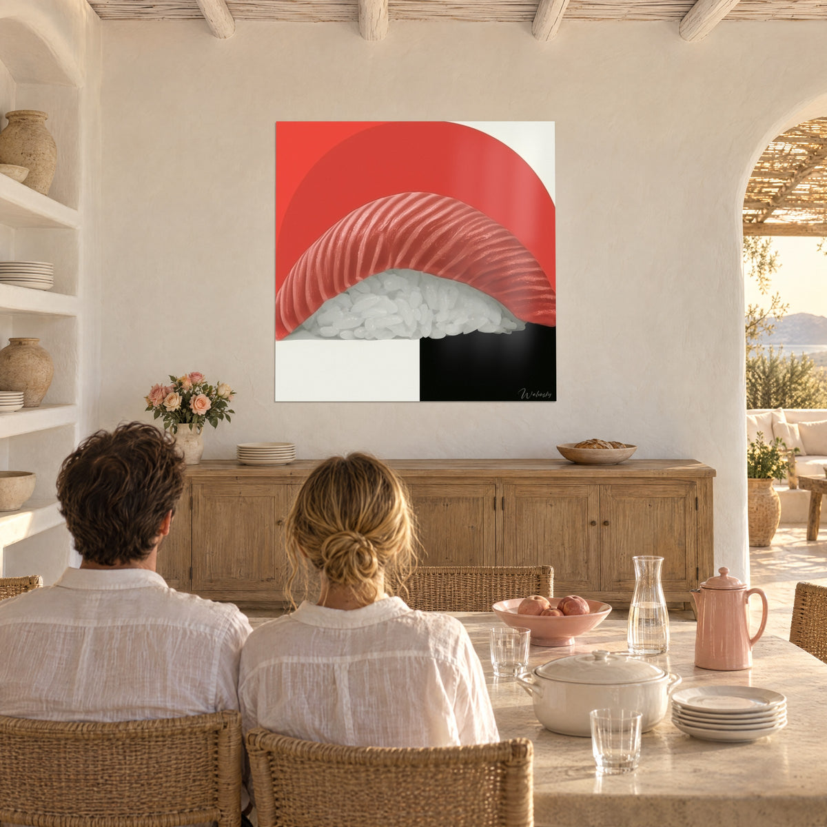 Red and ivory Japanese bouchée wall art, vermilion circle behind a striped tuna slice, facing a couple seated at a table with their backs turned