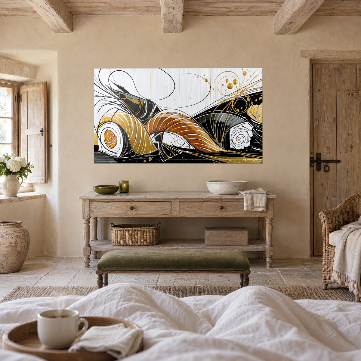 Tableau nigiri saumon cuivré et riz blanc cerclé de traits dorés sur fond noir, au-dessus d'un lit dans une chambre claire