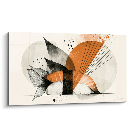 Nigiri saumon orange et anthracite illustré sur fond crème, cercles graphiques et feuilles à l'encre noire