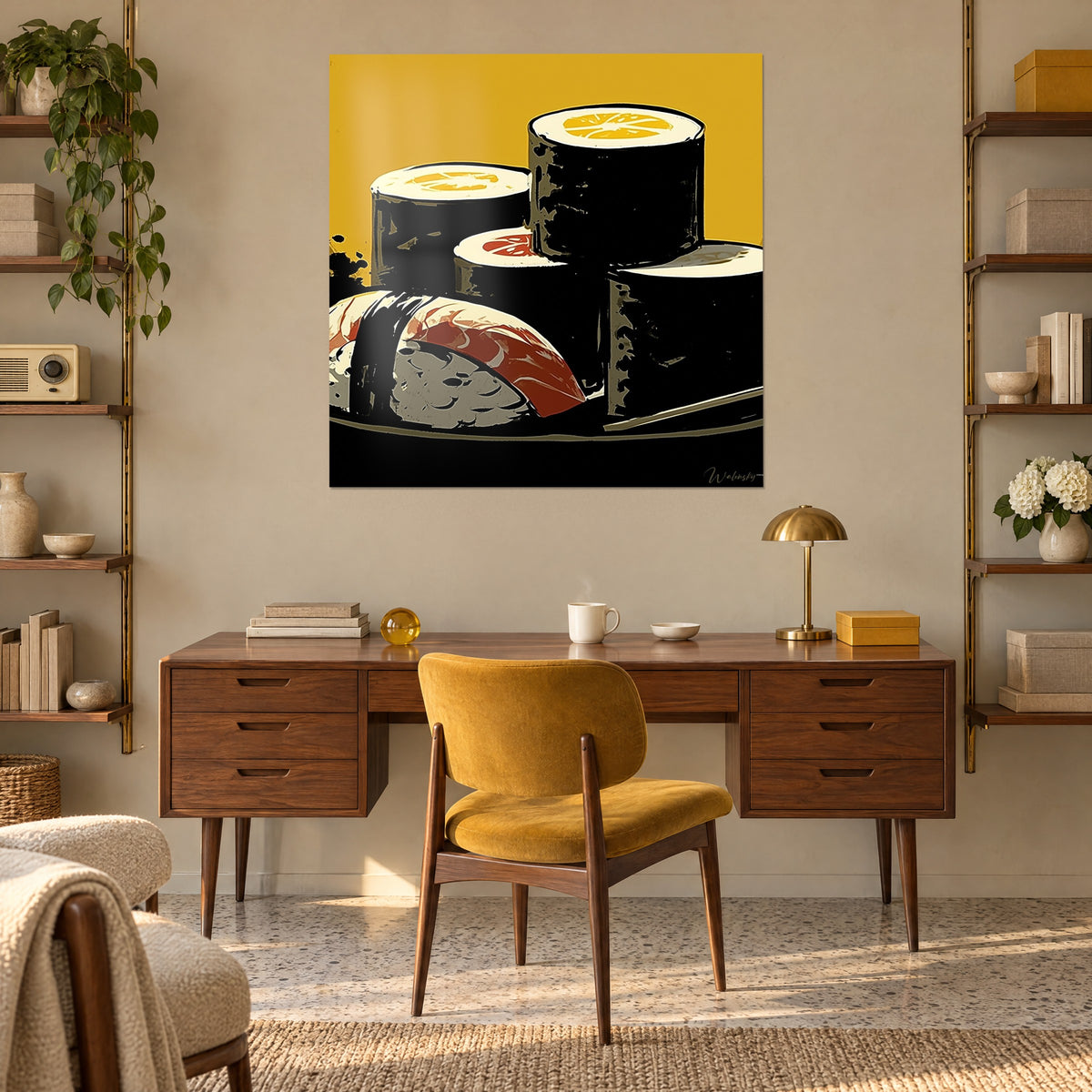 Quadro maki guarnito con fetta di agrume allo zafferano, nigiri di riso color crema e salmone rosso, fondo senape, appeso sopra una scrivania in legno