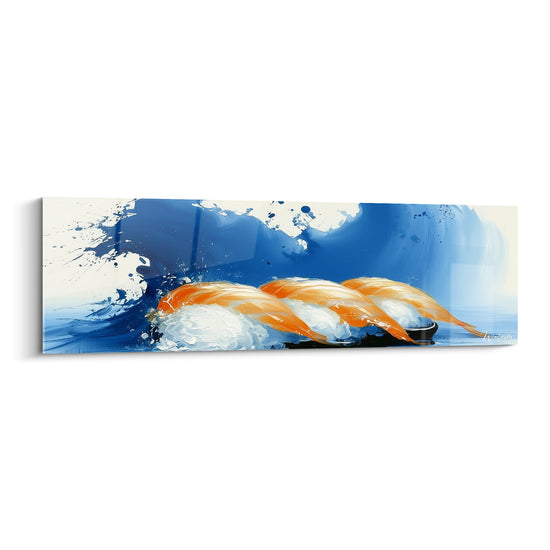Trois nigiris de saumon orangé émergent d'une vague bleu marine éclaboussée de blanc sur fond crème.