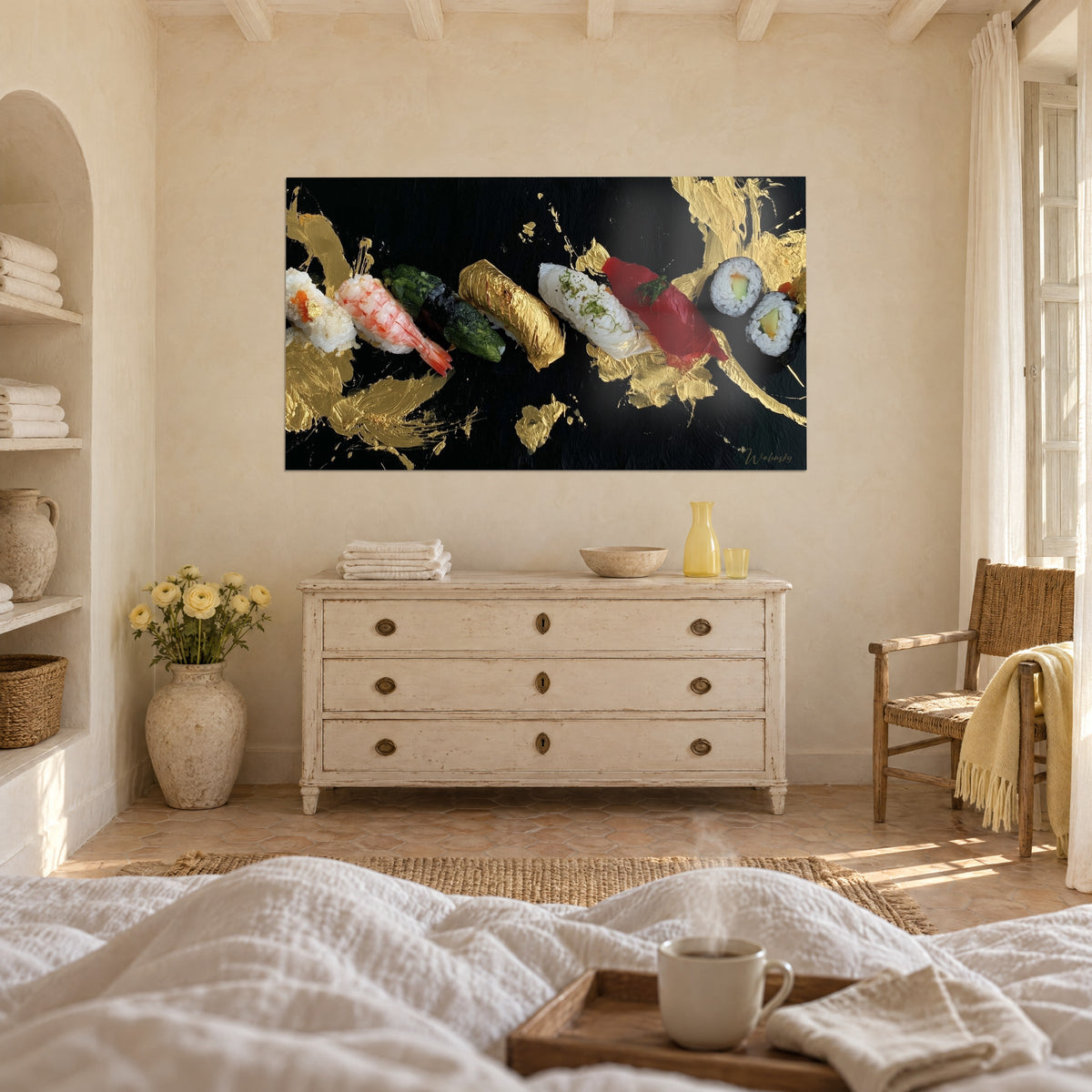 Tableau rangée de sushis, maki concombre et nigiri thon rouge sur fond noir taché d'or, au-dessus d'un lit dans une chambre claire