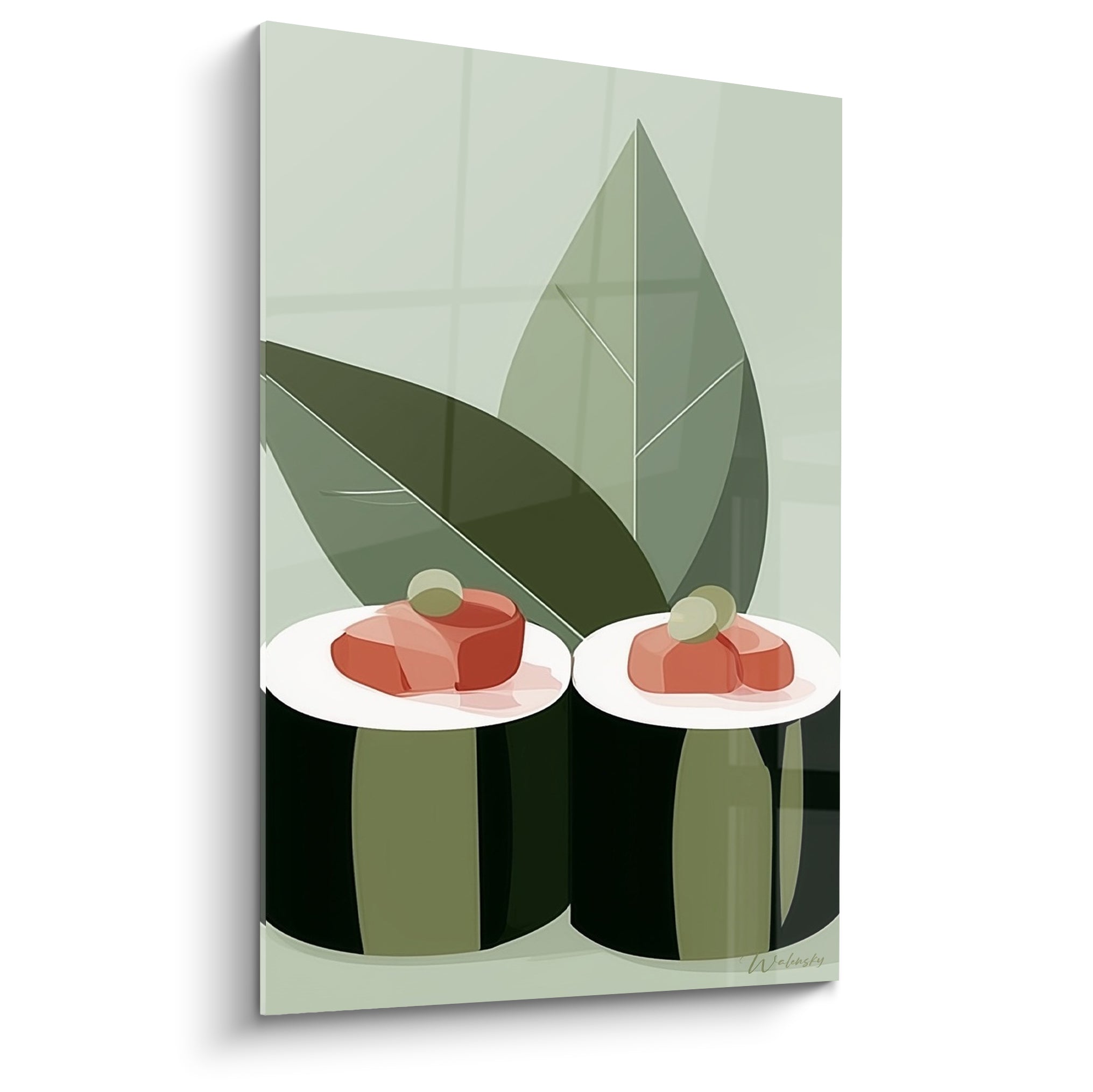 Nigiris vert sauge et corail illustrés devant de grandes feuilles graphiques stylisées