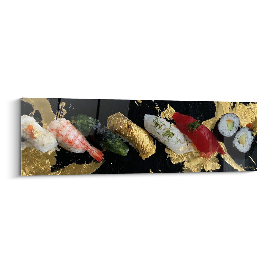 Tableau Nigiris crevette et thon sur fond noir doré - Rangée en diagonale - Edition Sushi