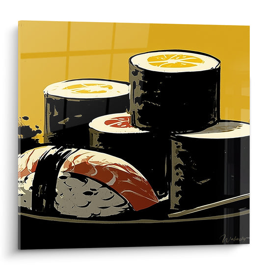 Sushi noir intense et jaune moutarde vibrant, makis empilés en style graphique et net