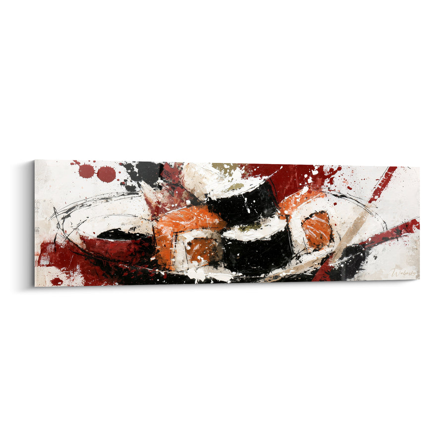 Tableau Sushi roll noir et orange sur assiette allongée - Éclats de peinture rouge - Edition Sushi