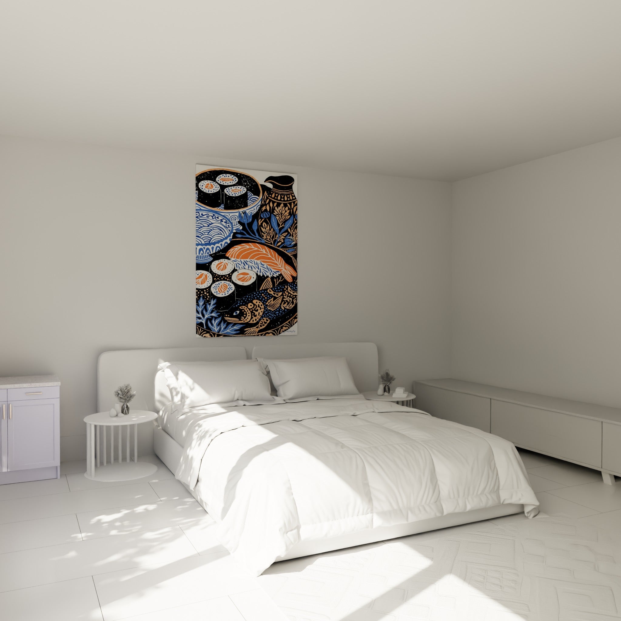 Composition sushi ocre et bleu illustrant makis et cruche florale, au-dessus d'un lit dans une chambre claire