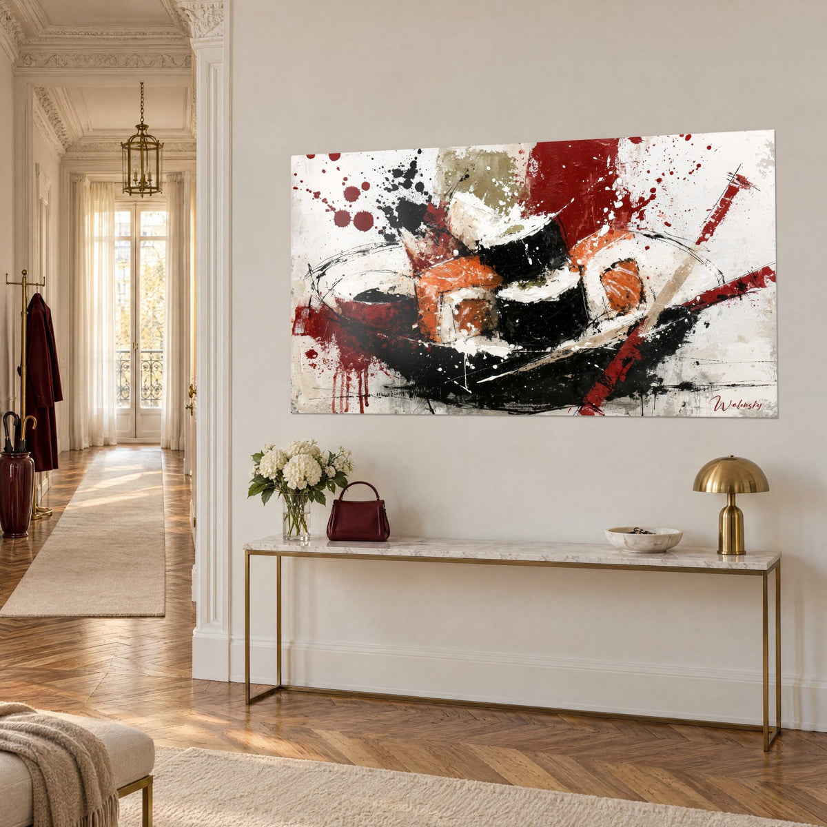 Wall art sushi rolls ringed with black nori, blood-red drips on an ivory ground, gilded console in a Haussmann-style hallway