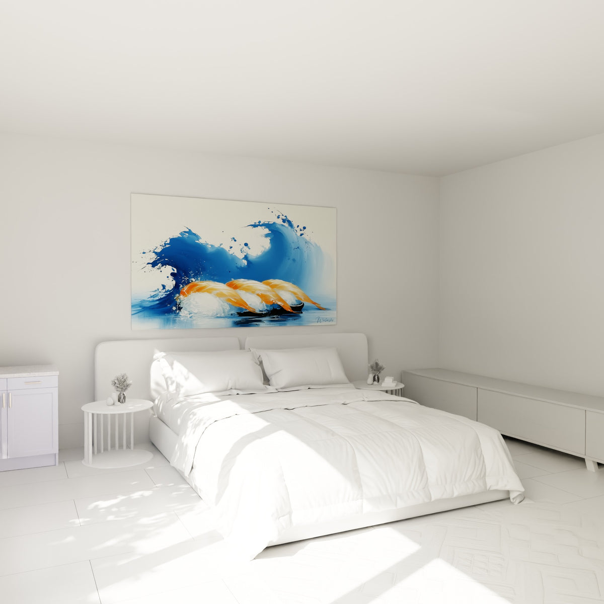 Nigiris orange et vague bleue peints au-dessus d'un lit dans une chambre claire