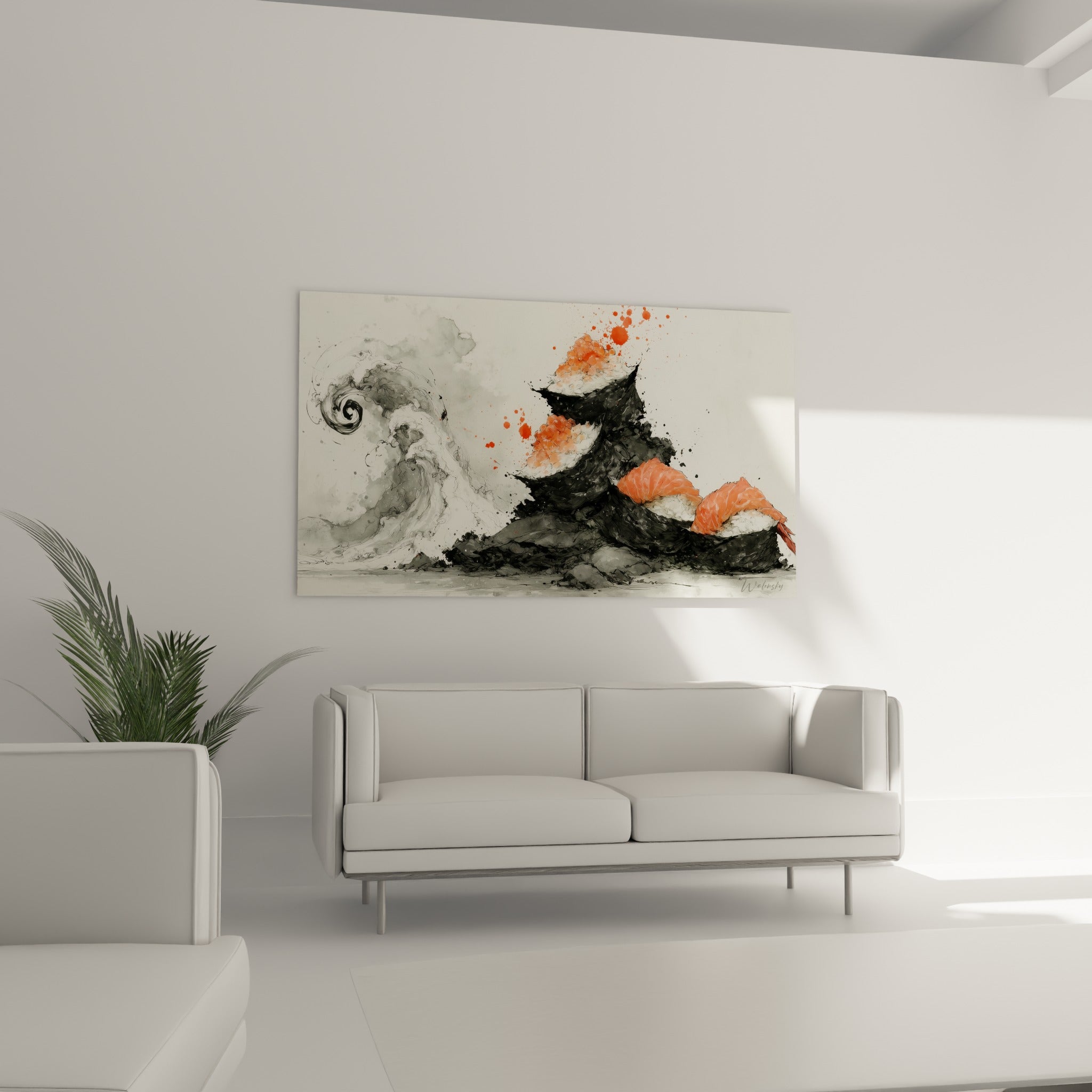 Composition sushi encre noire et orange vif suspendue au-dessus d'un canapé dans un salon lumineux