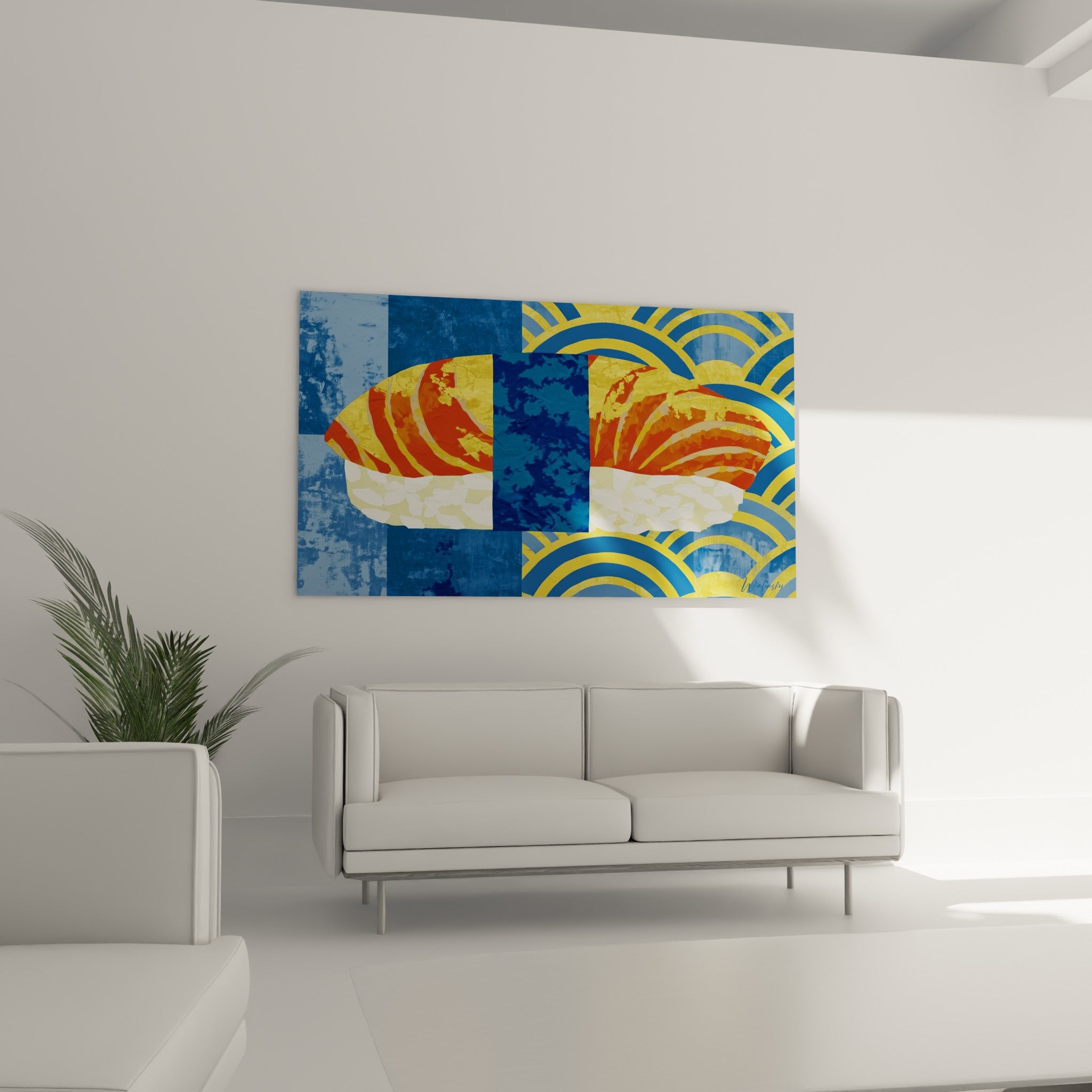 Tranches de saumon orangées et dorées composant ce tableau sushi au-dessus d'un canapé dans un salon lumineux
