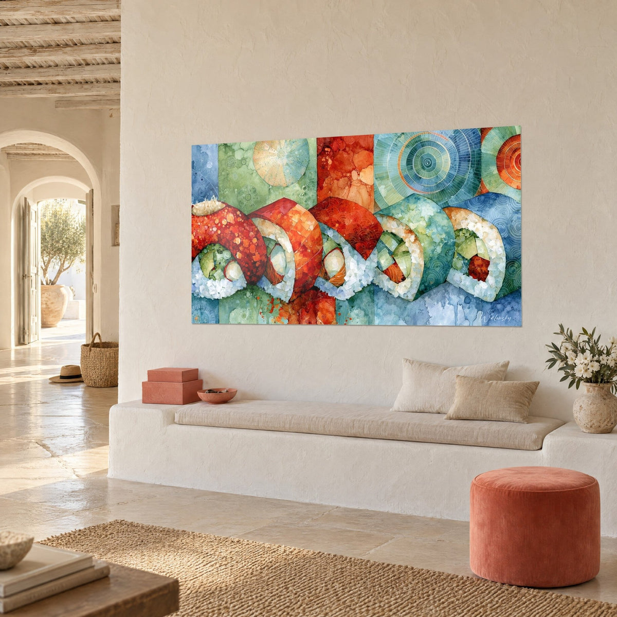 Schilderij met rijstrolletjes belegd met avocado en zalm, turquoise blauw en oranje, driekwartaanzicht, crèmewitte muur