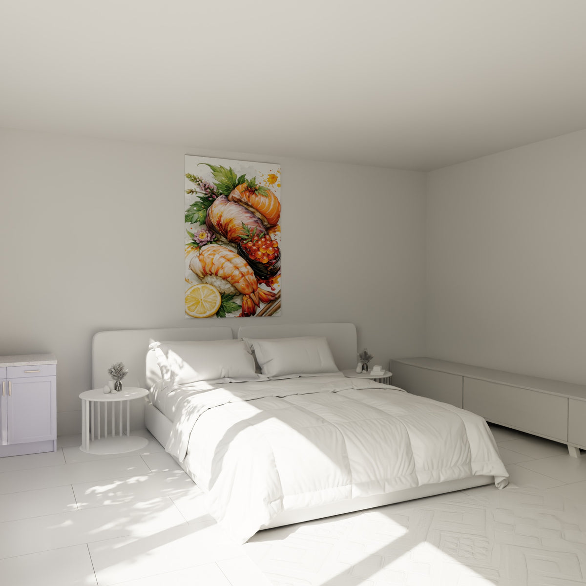 Plateau de sushi orangé et rouge aux œufs de poisson accroché au-dessus d'un lit dans une chambre claire