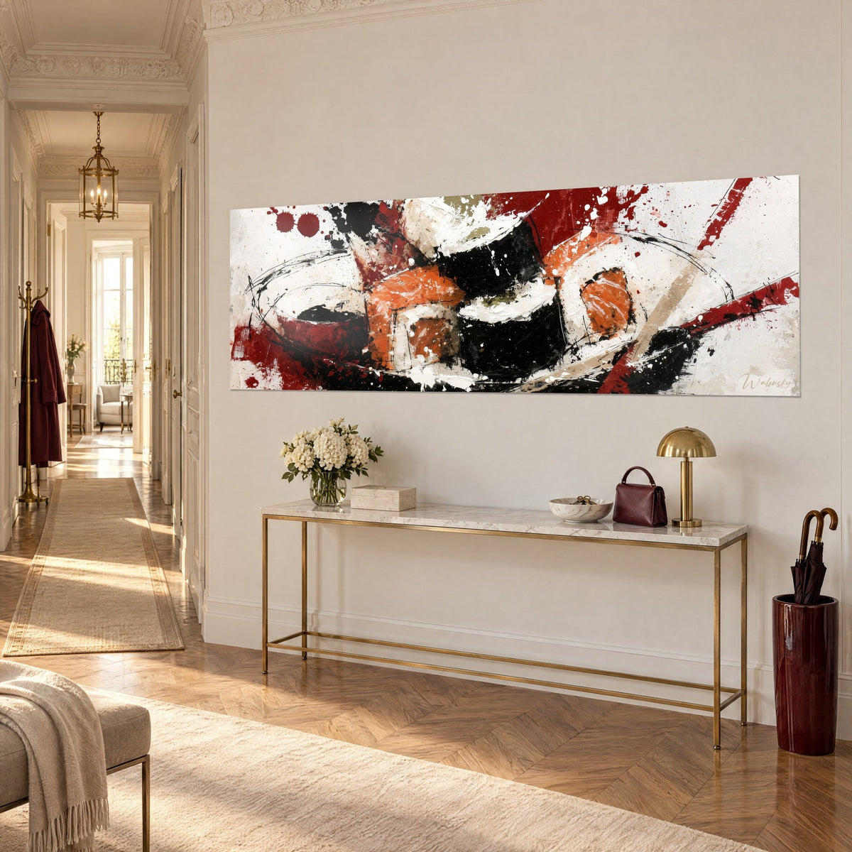 Tableau assiette allongée de sushis, rouleaux d'algue noire et saumon orangé, traits rouges, sur console dorée haussmannienne